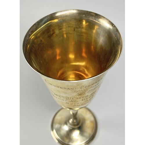 249 - A small silver wine goblet with military dedication to the bowl, Birmingham, 1973, Maker Frank Hawke... 