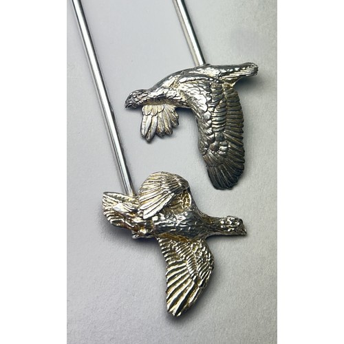 250 - A Pair of Patrick Marvos silver twizzle sticks with swirling grouse to the heads, hallmarks 925, W 2... 