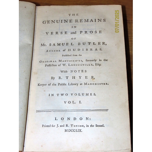 659 - A small library of 18th century books to include Samuel Butler's Remains (1759), The Life of the Gre... 