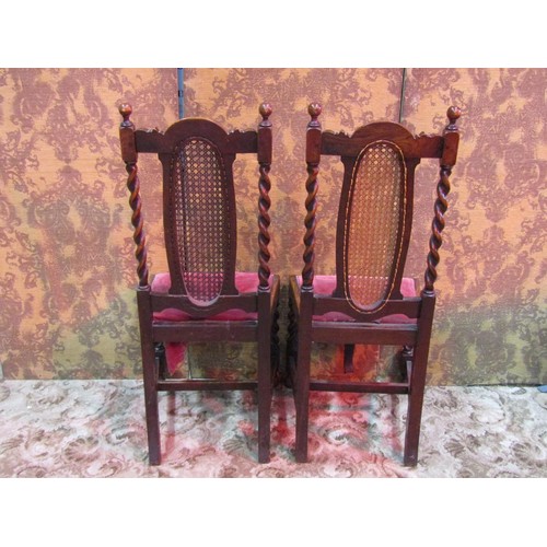 1173 - A pair of 1920s oak dining/side chairs with caned panelled backs and barley twist supports