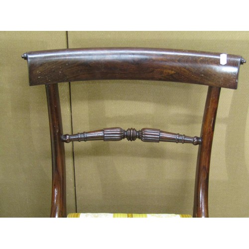 1389 - Set of six regency rosewood sabre leg dining chairs, with carved splats and drop in seats