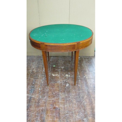 1408 - A Georgian demi-lune card table on square tapered legs, 97cm diameter