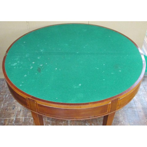 1408 - A Georgian demi-lune card table on square tapered legs, 97cm diameter