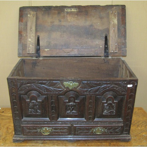 1441 - An 18th century small carved oak coffer, the front elevation with geometric, character and other det... 