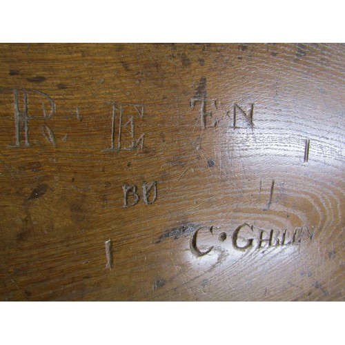 1442 - A 17th century oak writing slope, with floral and bird marquetry inlay (some missing), the sloping t... 