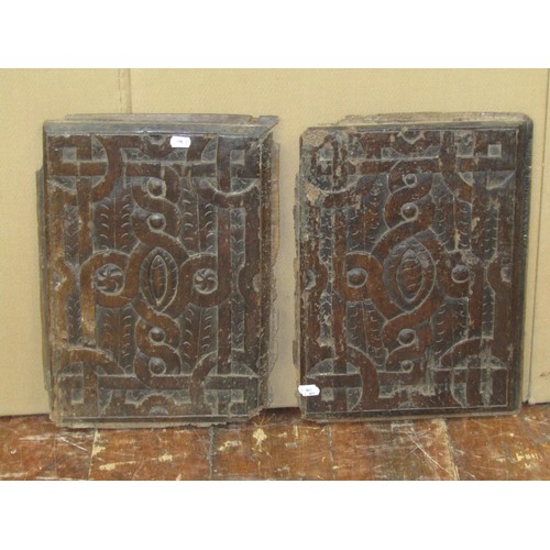 1460 - A pair of early carved oak panels with geometric detail, 44cm x 30cm