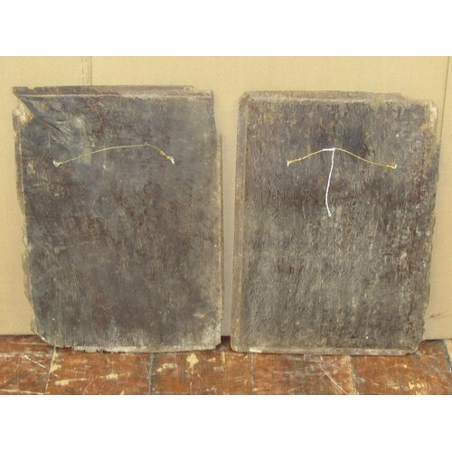 1460 - A pair of early carved oak panels with geometric detail, 44cm x 30cm