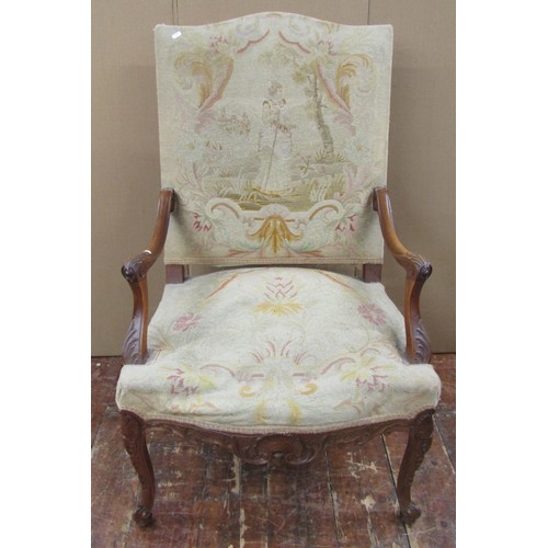 1469 - A 19th century walnut open armchair with acanthus carved detail, with original tapestry panelled sea... 