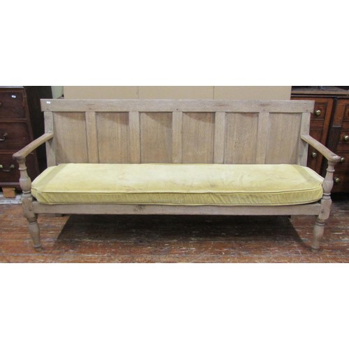 1471 - A Georgian bleached oak settle with panelled back and turned supports, 95cm high x 185cm x 65cm