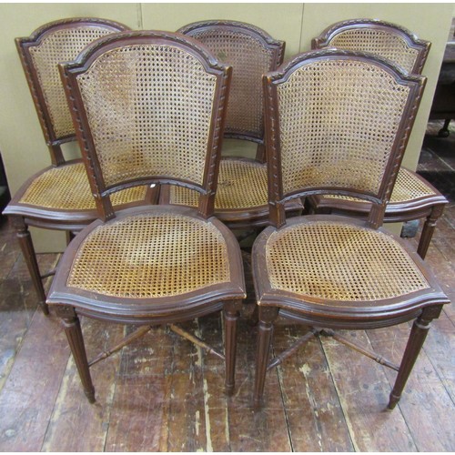 1474 - Five 19th century French dining chairs with carved frames and cane panelled seats and backs