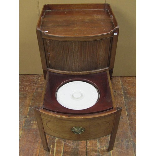 1485 - A Georgian bow fronted commode with tambour front, pull out base and ceramic liner, 75cm high x 50cm... 