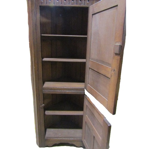 1185 - A good quality reproduction old English style oak corner freestanding corner cupboard enclosed by tw... 