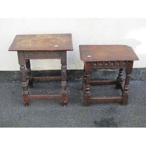 1462 - Two antique oak joint stools with carved detail on turned supports