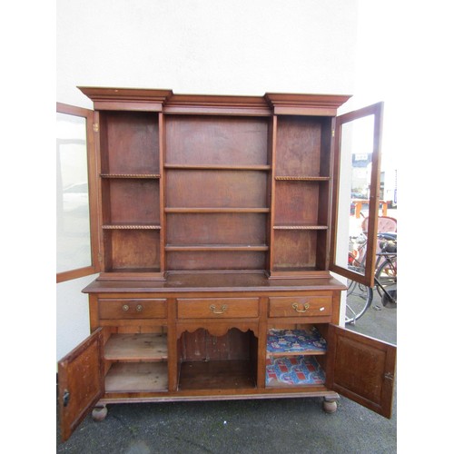 1546 - An Edwardian oak kitchen dresser and plate rack, fitted with glazed hinged doors, 205cm high, 159 x ... 