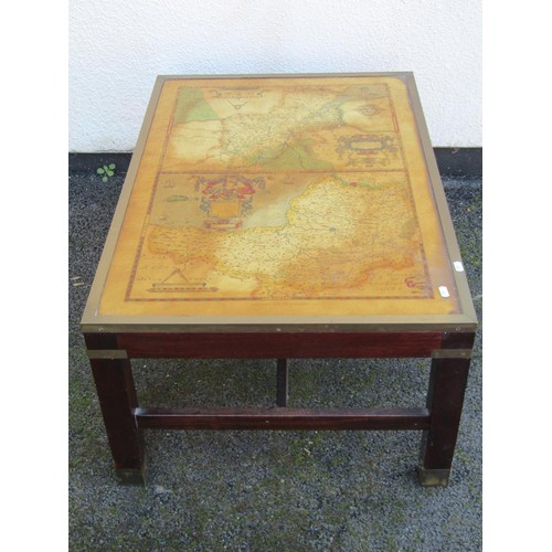 1497 - A decorative coffee table, with brass banded borders, the top inset with a replica, ‘Saxton’s Map Of... 