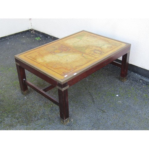 1497 - A decorative coffee table, with brass banded borders, the top inset with a replica, ‘Saxton’s Map Of... 