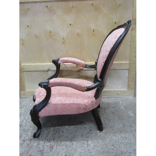 1506 - A Victorian upholstered drawing room elbow chair, in pale pink floral and foliate covers