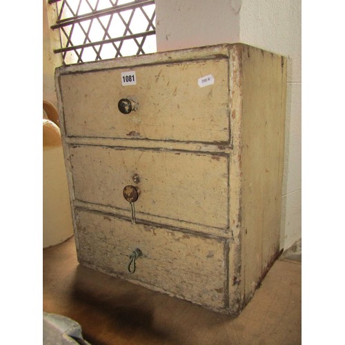 1081 - An old painted wooden chest of three drawers (plus contents), 44 cm high x 39 cm  28 cm