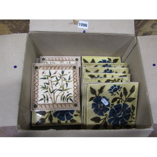 1096 - Four 6 inch Victorian transfer printed tiles with sprig, bird and geometric pattern, with diamond re... 