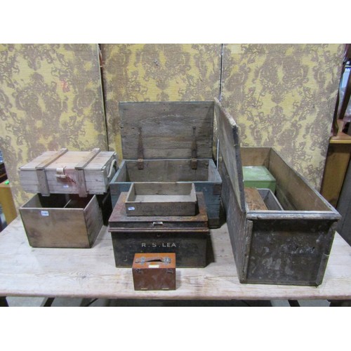 1107 - A vintage stained wooden portable military chest together with a further selection of vintage wooden... 