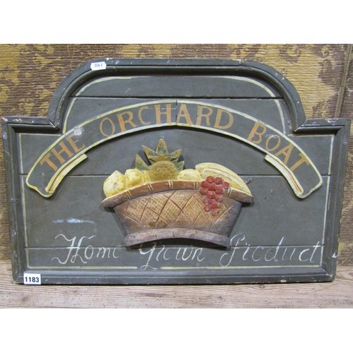 1183 - A vintage hand painted wooden sign of stepped arched form advertising The Orchard Boat, home grown p... 