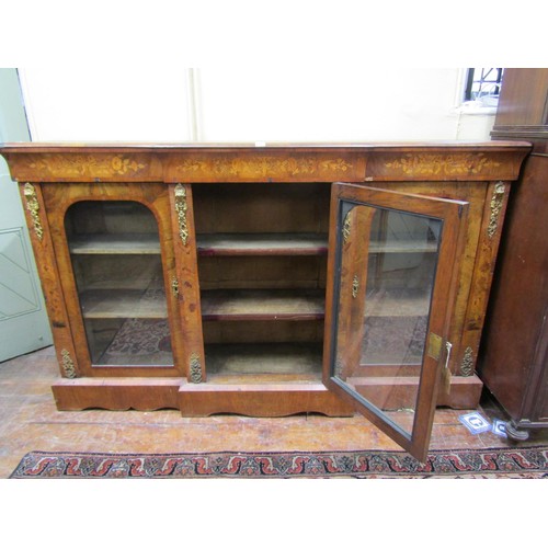 1437 - A Victorian walnut and figured walnut breakfront credenza with floral marquetry detail and applied g... 