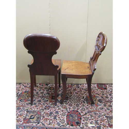 1479 - Pair of Regency mahogany hall chairs with deeply carved shell and scroll detail raised on sabre fore... 