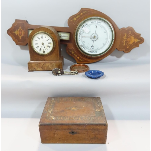 537 - An Edwardian inlaid barometer, a walnut domed mantel clock, walnut box, two ashtrays, tiny tortoise ... 