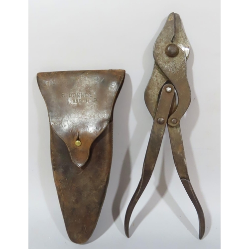 539 - A pair of WWI Holtzapffel wire cutters with leather sheath, personalised to R. Donner 11th R.B