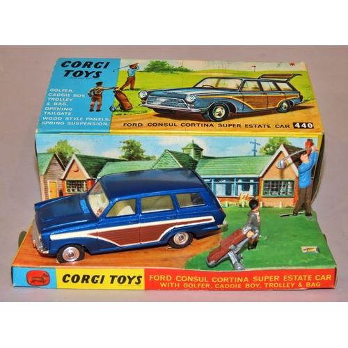 729 - Corgi toys 440 Ford Consul Cortina Super Estate car with golfer, caddy bag, trolley and bag with ori... 