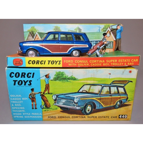 729 - Corgi toys 440 Ford Consul Cortina Super Estate car with golfer, caddy bag, trolley and bag with ori... 