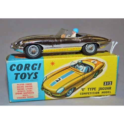 732 - Corgi Toys 312 E type Jaguar,  competition model with plated finish, driver 5/3d with original box