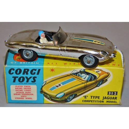 732 - Corgi Toys 312 E type Jaguar,  competition model with plated finish, driver 5/3d with original box