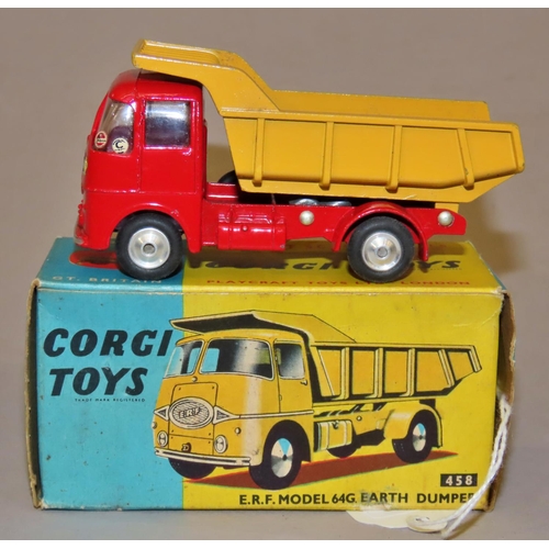 734 - Corgi Toys 458 ERF Model 64G Earth dumper, red cab, yellow tipper with original box, 5/7d with origi... 