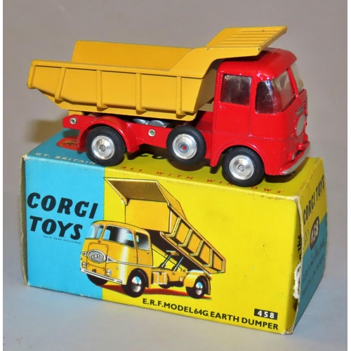 734 - Corgi Toys 458 ERF Model 64G Earth dumper, red cab, yellow tipper with original box, 5/7d with origi... 