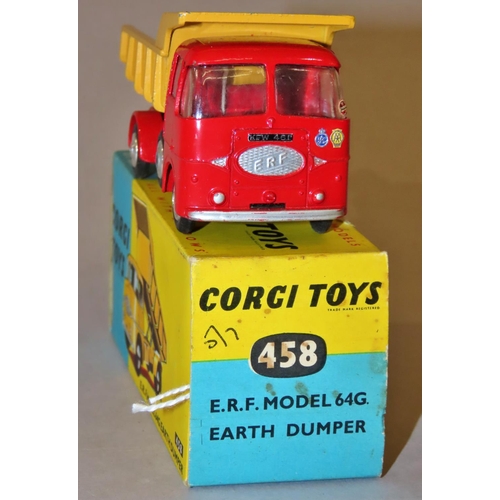 734 - Corgi Toys 458 ERF Model 64G Earth dumper, red cab, yellow tipper with original box, 5/7d with origi... 