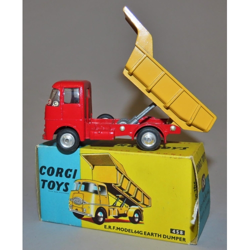 734 - Corgi Toys 458 ERF Model 64G Earth dumper, red cab, yellow tipper with original box, 5/7d with origi... 