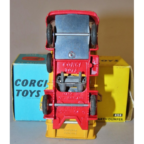 734 - Corgi Toys 458 ERF Model 64G Earth dumper, red cab, yellow tipper with original box, 5/7d with origi... 