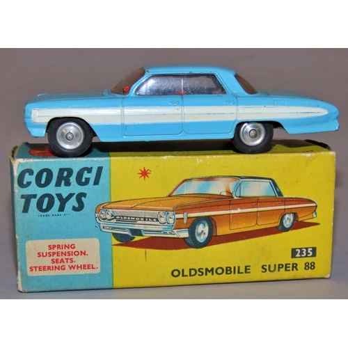 736 - Corgi Toys 235 Oldsmobile Super 88 - blue bodywork with white strip 4/4d with original box