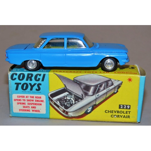 738 - Corgi Toys 229 Chevrolet Corvain - mid blue coachwork, 4/6 d with original box