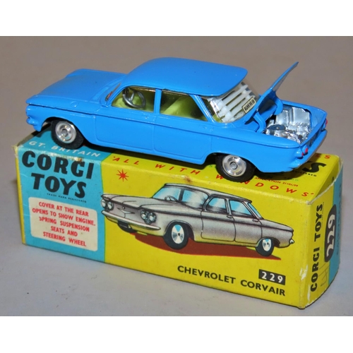 738 - Corgi Toys 229 Chevrolet Corvain - mid blue coachwork, 4/6 d with original box