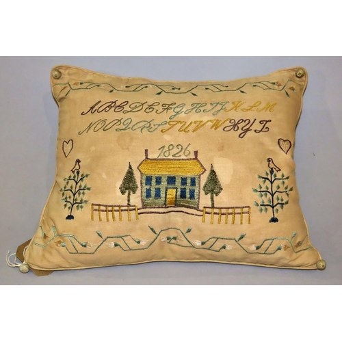 742 - American style cushion with alphabetical, cottage and fence, bird and bough details, dated 1826, 48 ... 