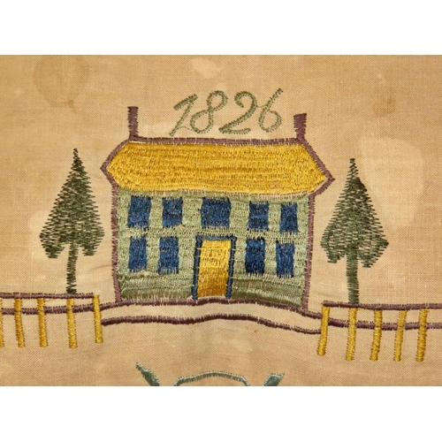 742 - American style cushion with alphabetical, cottage and fence, bird and bough details, dated 1826, 48 ... 