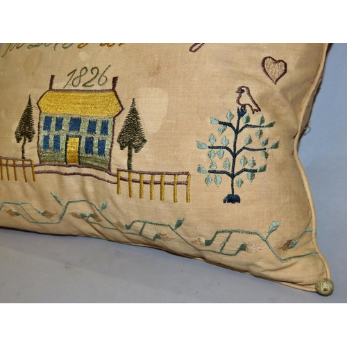 742 - American style cushion with alphabetical, cottage and fence, bird and bough details, dated 1826, 48 ... 