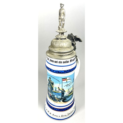 63 - A German military beer stein cylindrical with printed detail and script, Naval Reservist with hinged... 