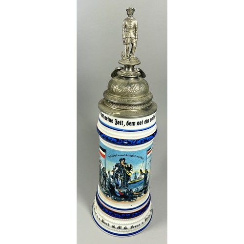 63 - A German military beer stein cylindrical with printed detail and script, Naval Reservist with hinged... 