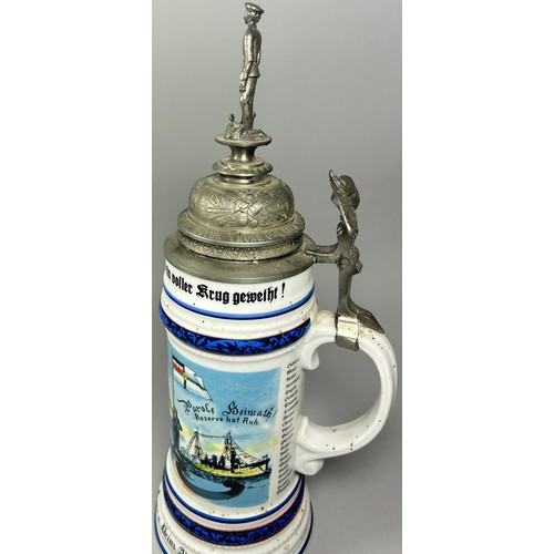 63 - A German military beer stein cylindrical with printed detail and script, Naval Reservist with hinged... 