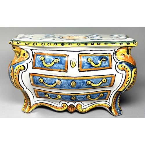 63A - A 19th century French Faience bulb vase in the form of a serpentine commode with shaped and painted ... 