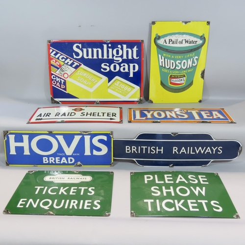 455 - A mixed selection of enamel signs including three railway related signs, an air raid shelter undergr... 