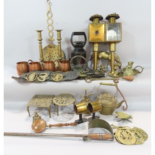 457 - Collection of domestic brassware, copper and fireside effects, including a 'Guardian' fire extinguis... 